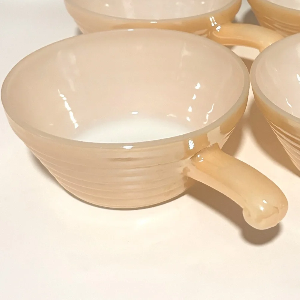 Set of 4 Fire King Oven Ware Ribbed Handled Soup Bowl Peach Beehive Vintage
